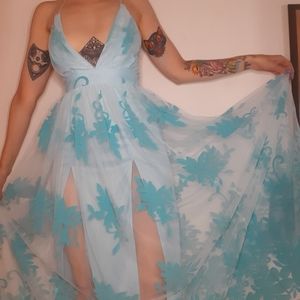 Baby Blue Elle Rebel Valencia Velvet Lace Maxi Dress.